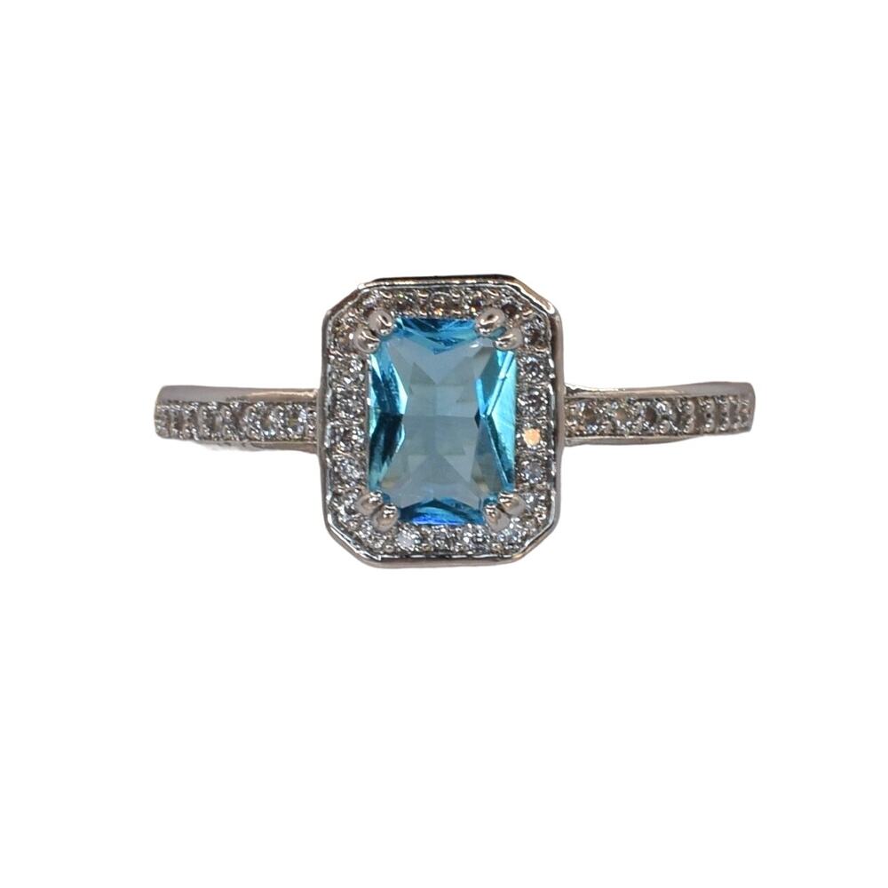 NWOT Fragrant Jewels Light Blue Rectangle Cut Halo Ring Size 7.75 US